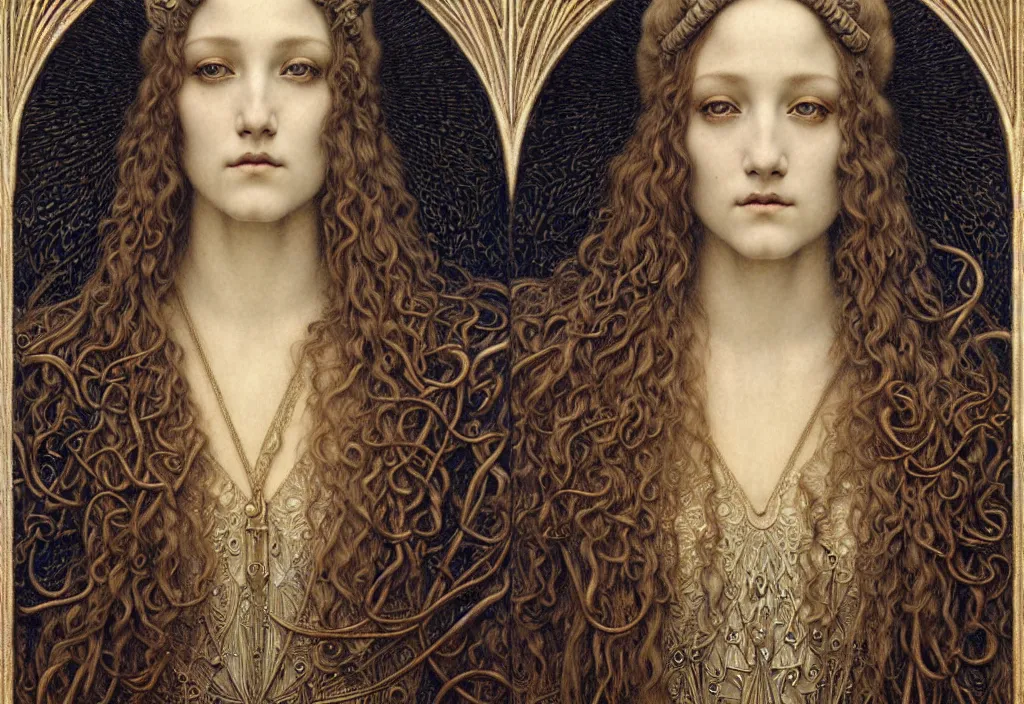 Image similar to detailed realistic beautiful young medieval queen face portrait by jean delville, gustave dore and marco mazzoni, art nouveau, symbolist, visionary, gothic, pre - raphaelite. horizontal symmetry