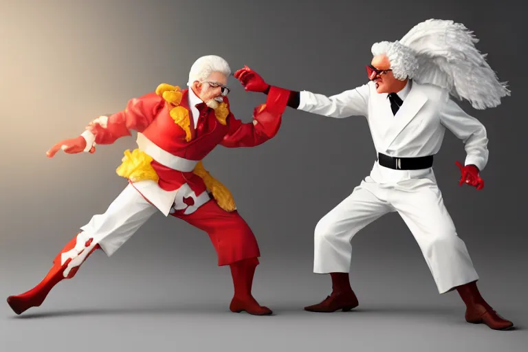 Image similar to ronald macdonald fighting colonel sanders, hyper real, 8 k, octane render, vivid, bright, photo realistic