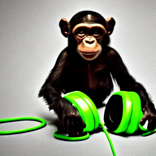 Image similar to a photo of a green chimp wearing headphones