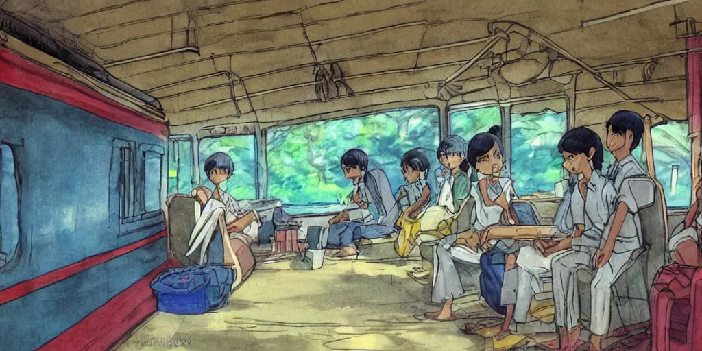 Prompt: inside sri lankan train, drawn by hayao miyazaki
