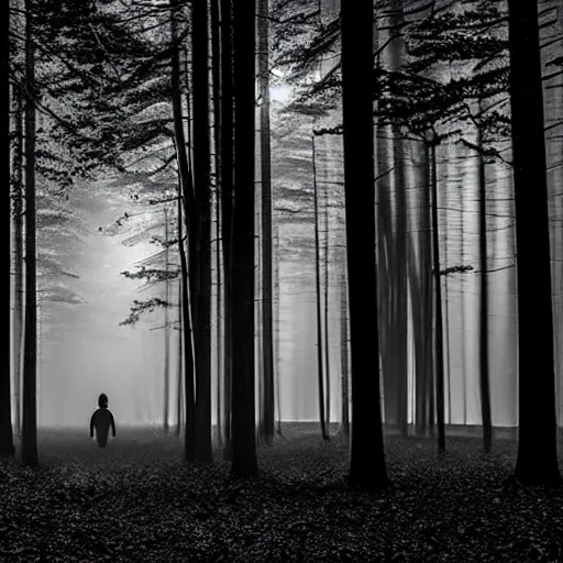 Image similar to hundreds of shadow people hidden in forest, staring with glowing white eyes, hyperrealistic, 8k, extremely detailed, black and white, foggy, grainy, very old