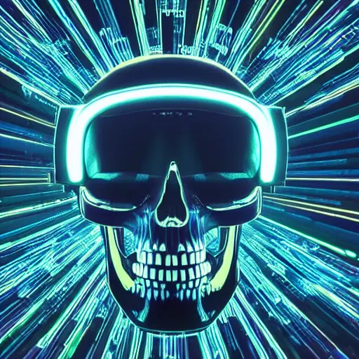 Image similar to a skull with a vr headset in a cyberpunk aesthetic, 4 k, with the word pixel written on the headset