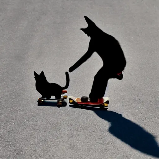 Prompt: a cat pulling a man on a skateboard