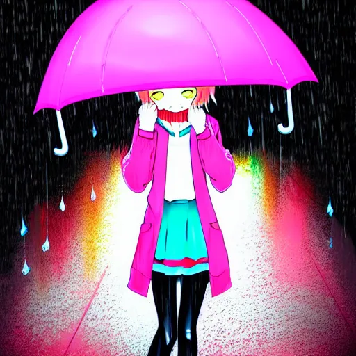 Prompt: a cute anime girl wearing a cat hoodie holding an umbrella walking in a neon lit street in the rain in the style of america mcgee's alice
