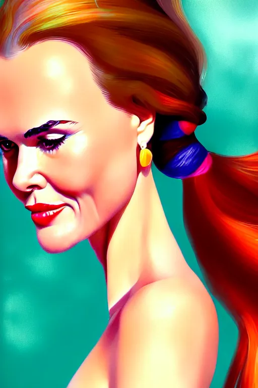 Image similar to portrait of a mix of beautiful young maria shriver, mariel hemmingway, brooke shields, nicole kidman and elle macpherson as a mermaid, thin lips, hair tied up in a pony tail, colorful artstation, cgsociety