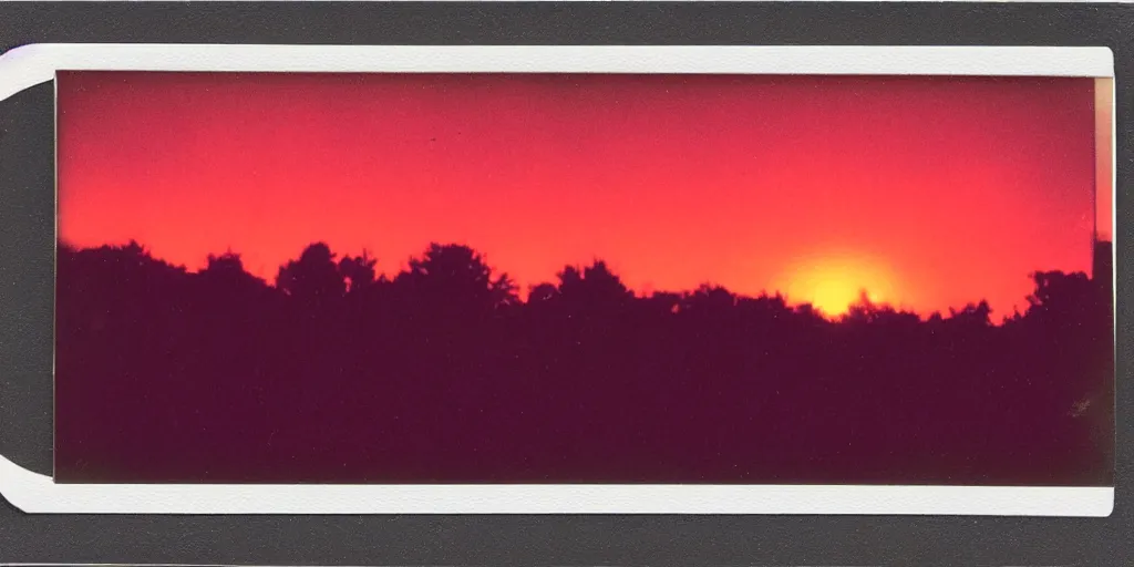 Prompt: analog polaroid of a purple and red sunset, gritty, color bleed, bright sunlight