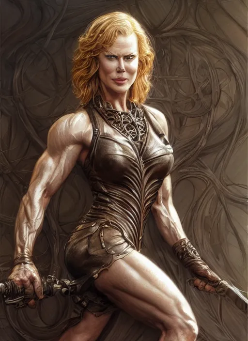 Image similar to muscled Nicole Kidman as a ruggedly handsome hero, intricate, elegant, highly detailed, centered, digital painting, artstation, concept art, smooth, sharp focus, illustration, artgerm, donato giancola, Joseph Christian Leyendecker, WLOP, Boris Vallejo, Artgerm