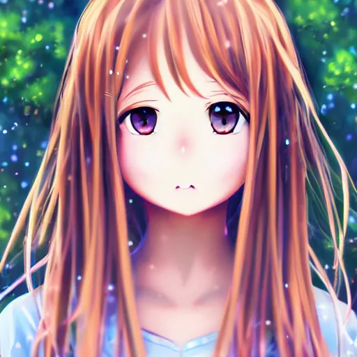 Image similar to 3d portrait of an adorable anime girl with long brown hair, looking partly to the left, blue shining eyes, light makeup, light pink lipstick, bokeh forest background, 4k, highly detailed, anime art style