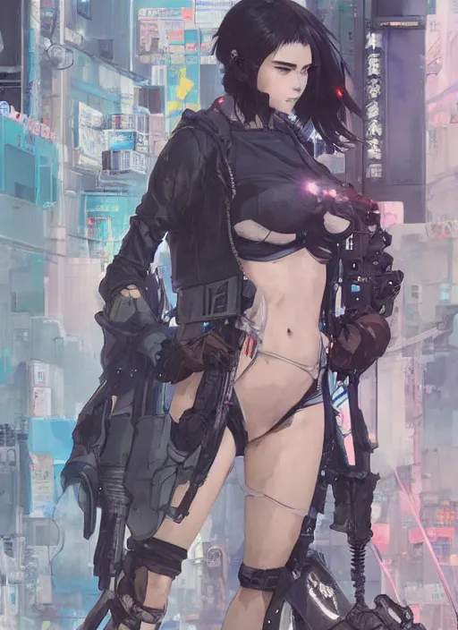 Image similar to hyper - realistic cyberpunk anime woman, standing on tokyo street, extreme detail, concept art, in style of yoji shinkawa, pan ren wei, col price, atey ghailan, by greg rutkowski, by greg tocchini, by james gilleard, by joe fenton, by kaethe butcher, aesthetic