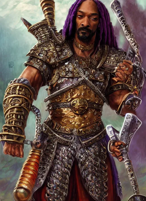 Image similar to snoop dogg as a barbarian, short beard, grumpy, intricate plate armor with purple accents, Ivan Aivakovsky, Boris Vallejo, epic fantasy character art, D&D Concept Art, full length, Realistic, Regal, Refined, Detailed Digital Art, Oil Paining, Exquisite detail, post-processing, masterpiece, Cinematic Lighting, Unreal Engine, 8k, HD, Stanley Artgerm Lau, WLOP, Rossdraws, Frank Frazetta, Andrei Riabovitchev, Marc Simonetti, trending on artstation,