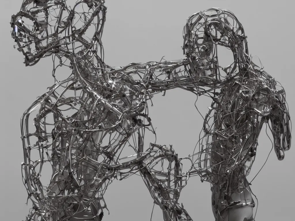 Image similar to dialysed romance, a hyperreal sculpture by diuq s, showing the complex twisted biomechanical interleaving reality of man and machine