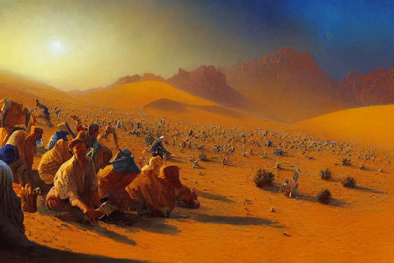 Prompt: detailed digital painting of a crowd of jews in the desert harvesting white manna, yellow orange and blue color scheme, by karol bak craig mullins and ross trann