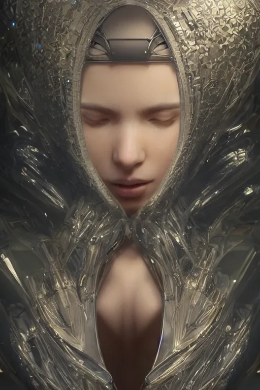 Image similar to beautiful and enigmatic artificial intelligence held captive in a remote research facility. vulnerability and innocence, ultra realistic, sharp details, subsurface scattering, intricate details, warm lighting, beautiful features, highly detailed, photorealistic, octane render, 8 k, unreal engine, art by artgerm and greg rutkowski and alphonse mucha