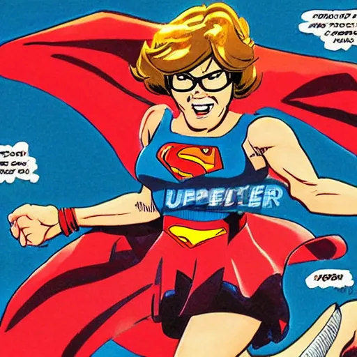 Prompt: Velma uppercutting Superman, comic book, high action, concept art