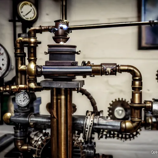 Image similar to A random pointless contraption ((((steampunk)))) industrial appliance pneumatic machine with no apparent purpose, being operated by a scholarly looking man with a clear directed gaze, XF IQ4, f/1.4, ISO 200, 1/160s, 8K, RAW, unedited, symmetrical balance, in-frame