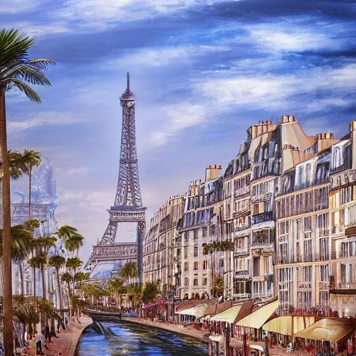 Prompt: the beautiful city of paris rebuilt near the pacific ocean in sunny california, amazing weather, sandy beach, palm trees, splendid haussmann architecture, digital painting, highly detailed, intricate, concept art, matte painting, trending on artstation