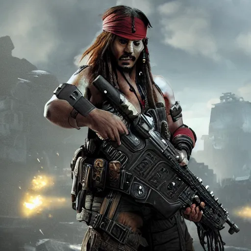 Image similar to ( ( captain jack sparrow ) ) in gears of war, splash art, movie still, cinematic lighting, dramatic, octane render, long lens, shallow depth of field, bokeh, anamorphic lens flare, 8 k, hyper detailed, 3 5 mm film grain