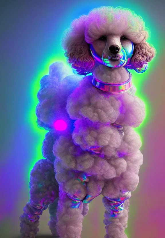 Image similar to a beautiful portrait of a poodle in a holographic iridescent spacesuit, cinematic, volumetric fog, risographic, digital art, 4 k, vintage sci - fi, inspired by moebius, inspired by thim white, inspired by h. r. giger