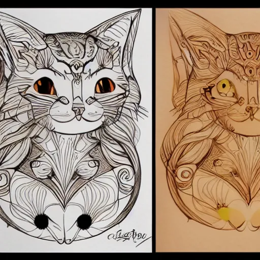 Image similar to drawing realistic stylized cute smiling cats in the style of art nouveau in a repeating pattern. symmetric. detailed. hd