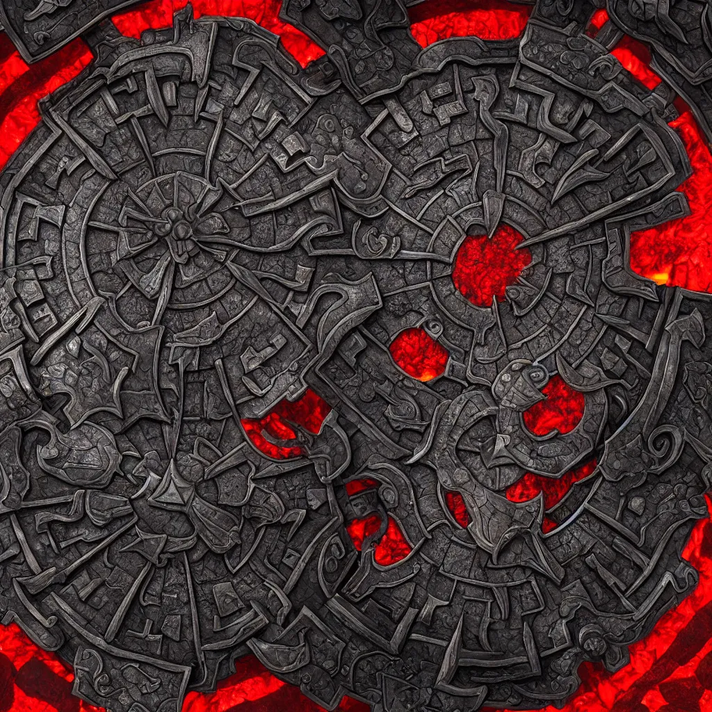 Image similar to ornate and detailed round battle shield made of lava rock and dragon scales, wide angle shot, red and obsidian colors, dungeons and dragons themed, 4 k octane digital render, unreal engine 5, styled by greg rutkowski and extreme levels of detail