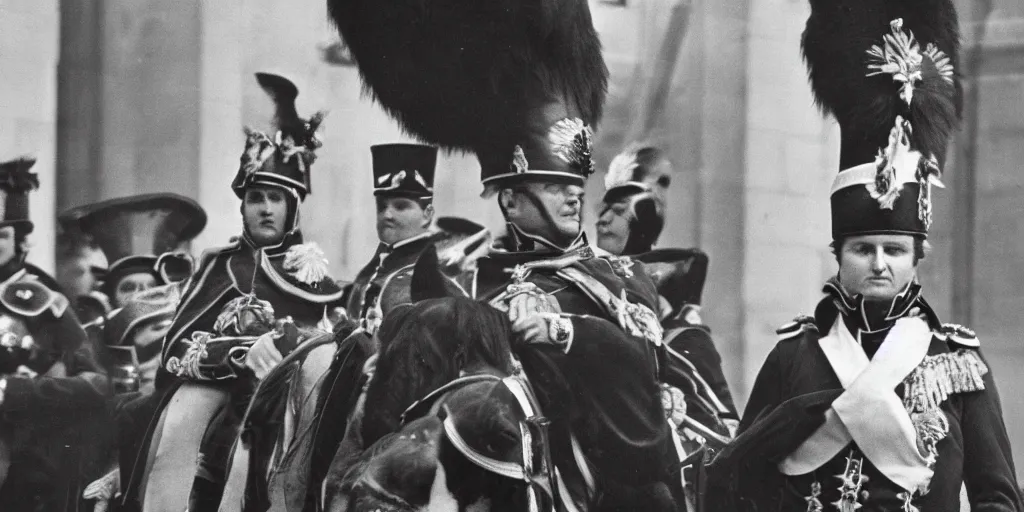 Prompt: very well detailed photo of Napoleon Bonaparte in London, 1960s, 4k detailed, very very well detailed face
