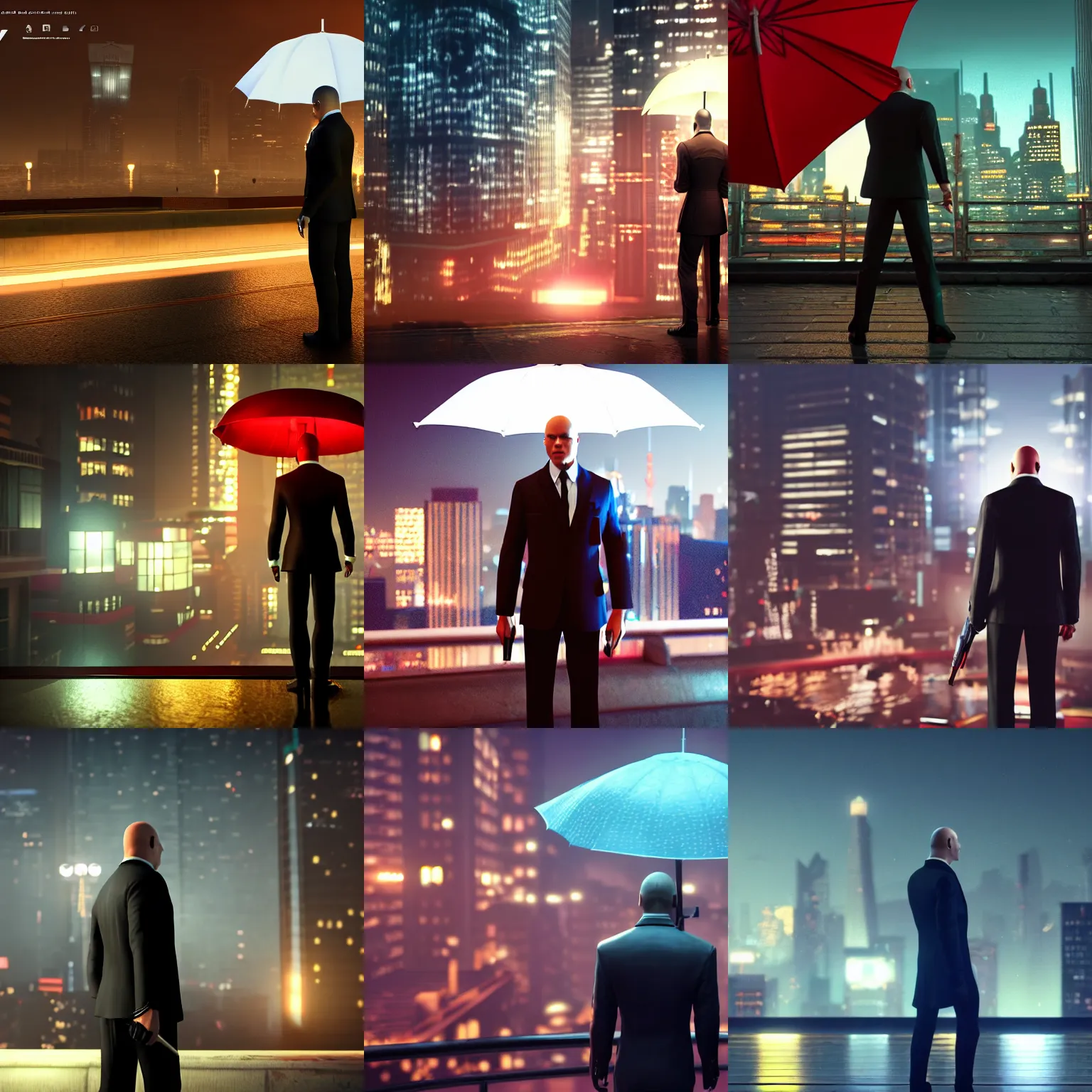 Prompt: agent 4 7 standing under an umbrella, city lights in the background, a screenshot by dai xi, cg society contest winner, international gothic, cinematic lighting, playstation 5 screenshot, cinematic view