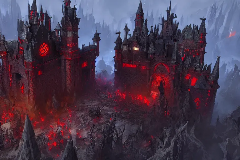 Image similar to big evil castle - city rock dark shadow elves, might and magic heroes vii, dark fantasy, shadows, artstation trending, unreal engine 5, red