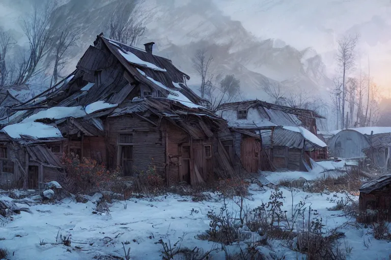 Image similar to dramatic photo of an abandoned village in the Russian outback, highly detailed, digital painting, artstation, concept art, smooth, sharp focus, illustration, art by tian zi and WLOP and alphonse mucha