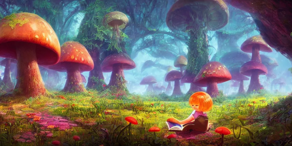 Prompt: ”cute child reading a book, giant mushroom houses in a mysterious fantasy forest, [bioluminescense, flowers, art by wlop and paul lehr, cinematic, colorful]”