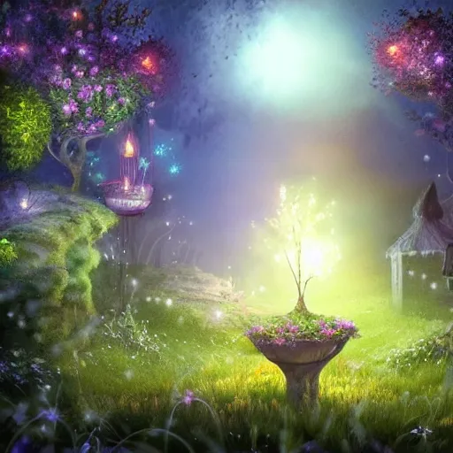 Image similar to fairy glowing magically at night concept art, realistic garden, beautiful, glorious, matte painting