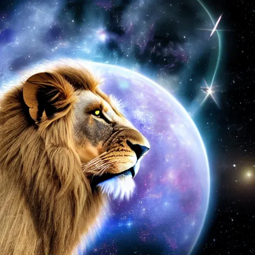 Prompt: a purple lion in space