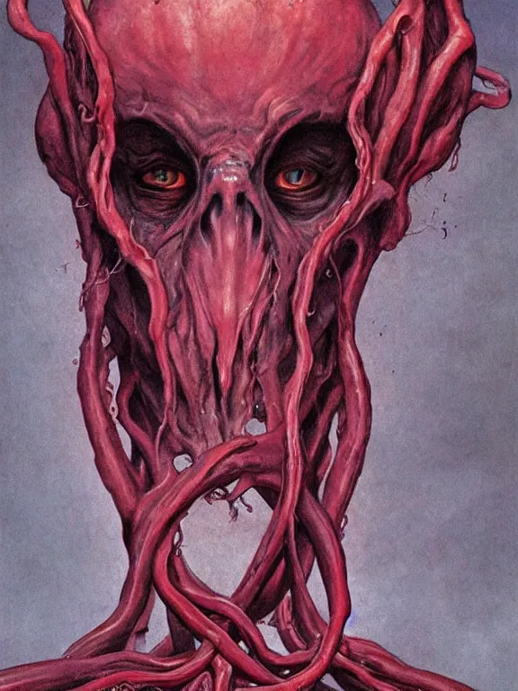 Image similar to painting by wayne barlowe of a flying sorrowful looking severed human head with tears running down it's eyes, face that is chalk white in color, with long sprawling white tentacles stemming down it's neck, fiery scorching red eyes, flying in a terrying hellish dark cavernous place