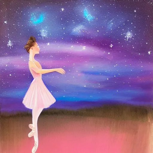 Prompt: Ballerina in a dress looking at a starry sky, galaxy, beautiful, painting, highly detailed, soft light