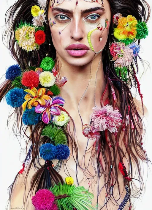 Image similar to beautiful portrait of Irina Shayk wearing fantastic Hand-dyed cotton dress,embellished beaded feather decorative fringe knots ,colorful pigtail,subtropical flowers and plants,symmetrical face,summer,intricate,elegant,highly detailed,8k,post-processing,digital painting,trending on pinterest, GUCCI,vogue,concept art, sharp focus, illustration, by artgerm,Tom Bagshaw,Lawrence Alma-Tadema,greg rutkowski,alphonse Mucha