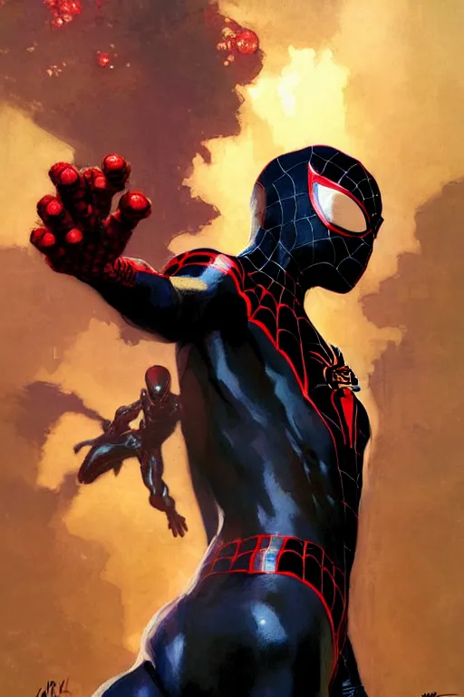 Prompt: miles morales spider - man, portrait dnd, painting by gaston bussiere, craig mullins, greg rutkowski, yoji shinkawa