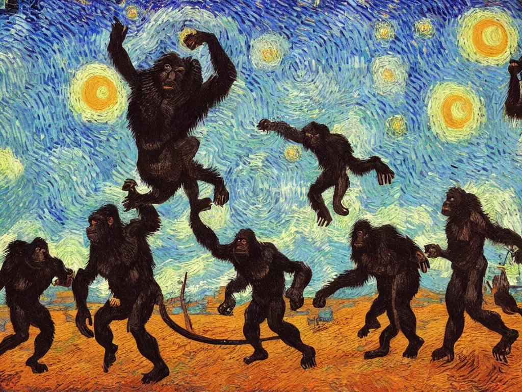 Prompt: bright beautiful oil painting of primitive apes throwing bones at a giant black monolith at dawn, light scatter, van gogh