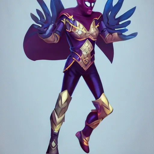 Prompt: diamond plated superhero, league of legends character art, full body, action pose, mask, high detail, trending on artstation