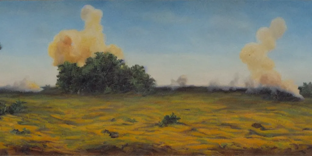 Image similar to an eastern front battlefield landscape, summertime, shell craters, distant smoke column on the horizon, oil painting in the style of peredvizhniki