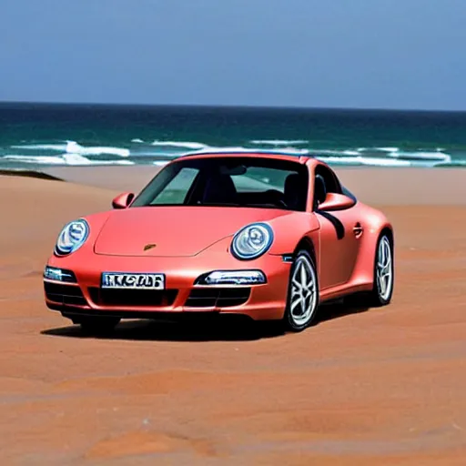 Prompt: porsche 9 1 1, beautiful australian beach, red sand, waves. dust. stars