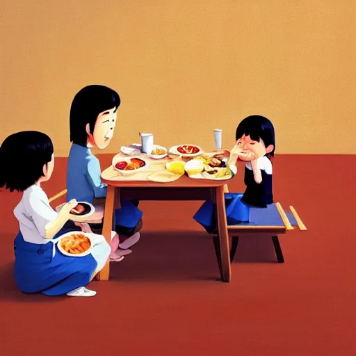 Prompt: goro fujita ilustration a family of four japanese people eating at a square wooden table, painting by goro fujita, sharp focus, highly detailed, artstation