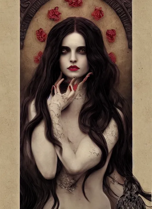 Prompt: tarot!!, pale, beautiful victorian vampire with long hair, fantasy, elegant, concept art, sharp focus, beautiful face!!, digital art, Hyper-realistic, 4K, Unreal Engine, Highly Detailed, HD, Dramatic Lighting, Beautiful, by Brom, trending on Artstation, face byTom Bagshaw, Sargent