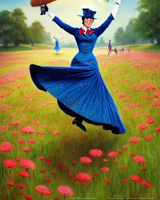 Image similar to Julie Andrews Mary Poppins from Disney 1964 dancing in a field full of flowers, wide-angle shot, D&D, fantasy, intricate, elegant, highly detailed, digital painting, artstation, concept art, matte, sharp focus, illustration, hearthstone, art by Artgerm and Greg Rutkowski and Alphonse Mucha