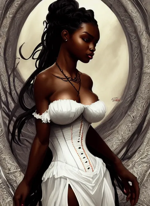 Image similar to cute black woman wearing a white corset dress, fantasy, intricate, highly detailed, digital painting, artstation, concept art, wallpaper, smooth, sharp focus, illustration, art by artgerm and greg rutkowski and alphonse mucha