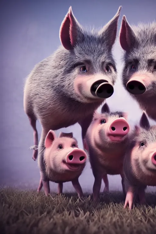 Image similar to three funny little pigs playing with the wolf who is begging for mercy. cinematic lighting, unreal engine, 8 k, hd extremely detailed. 4 k. award winning. ultra realistic photo.