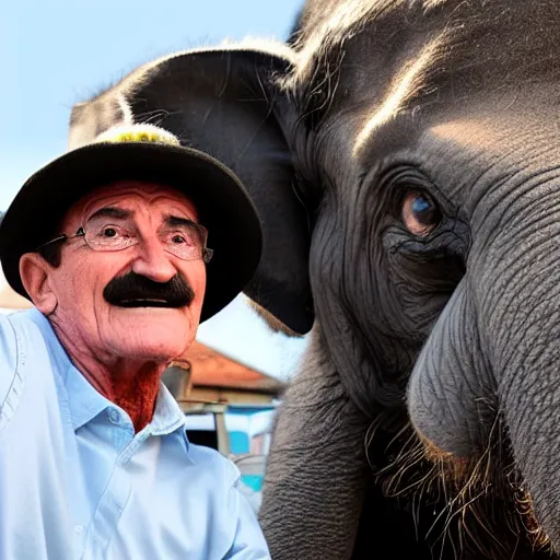 Prompt: Paul chuckle taking a selfie while riding an elephant, photorealistic, 4k