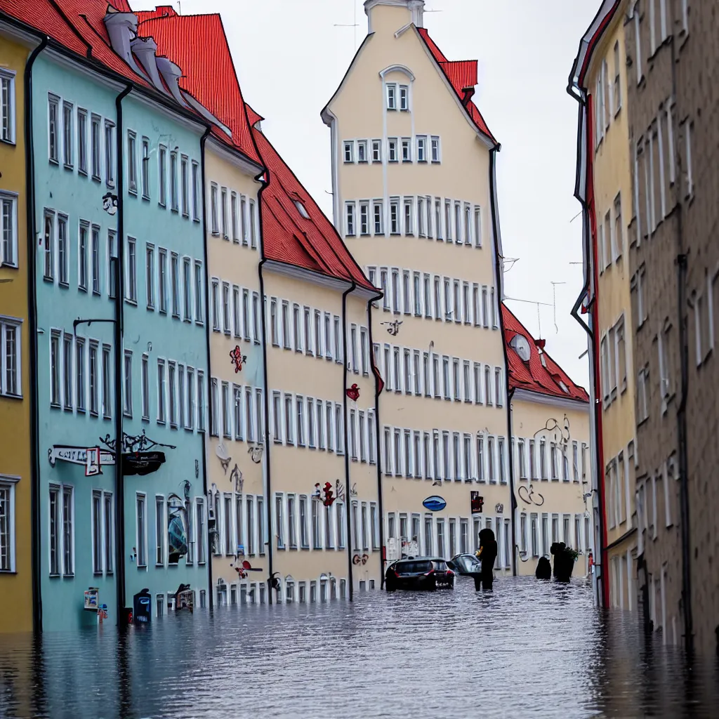 Image similar to view from the streets of Tallinn, capital of estonia, suffering from floods from the sea due to climate change in the year 2100, the citizens of Tallinn are shocked, street photography, ultra detailed, 40mm focal lense, flash at noon, 8k,