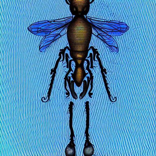 Image similar to human man that resembles a wasp morh in surreal sketch style, blue and yellow gradient, noise, ultrafine detail, hd 8k, logo illustration