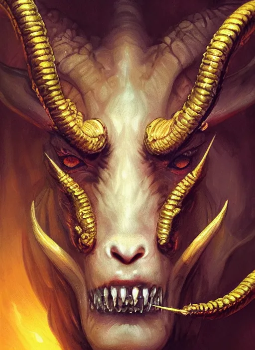 Image similar to hellish demon with gold fangs and twisted horns, close up, goat eyes and snake scales, hairy beast, sinister portrait, highly detailed, digital painting, artstation, concept art, matte, sharp focus, illustration, dramatic, cinematic sunset, hearthstone, art by artgerm and greg rutkowski and alphonse mucha