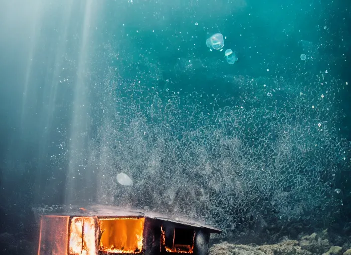 Image similar to dslr photo still of a house on fire under the water under water at the bottom of the ocean with lots of bubbles and light rays, 8 5 mm f 1. 8