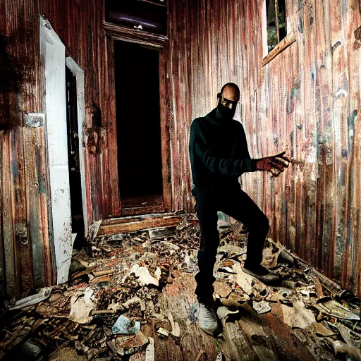 Image similar to MC Ride from Death Grips entering scariest old house on Earth